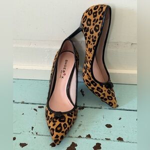 leopard-print 5M calfhair patentleather trim stiletto 3” 
pumps SHOEBOX New York